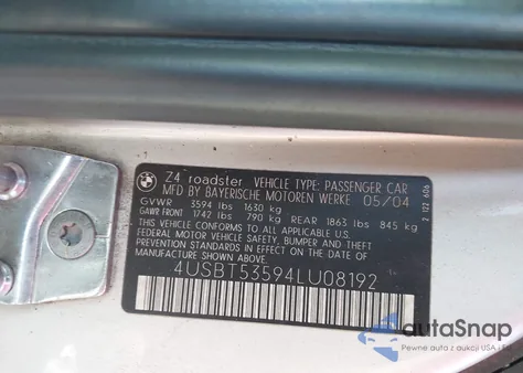 2004 BMW Z4 from USA, damaged, VIN 4USBT53594LU08192